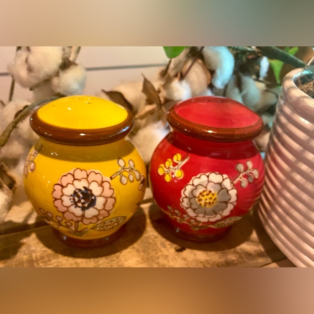 VTG 90s Pier 1 Large Salt & Pepper Shaker Set Ceramic Hand-painted Folk Art